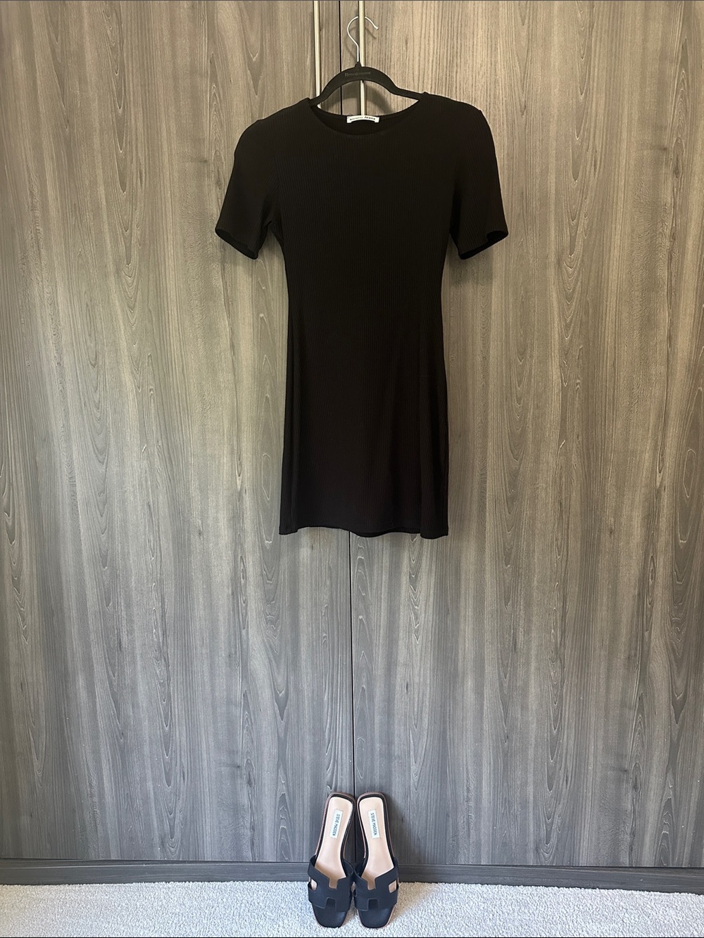 ✨Outfit✨ Reformation Black Short-Sleeve Ribbed Mini Dress and Black Sandals